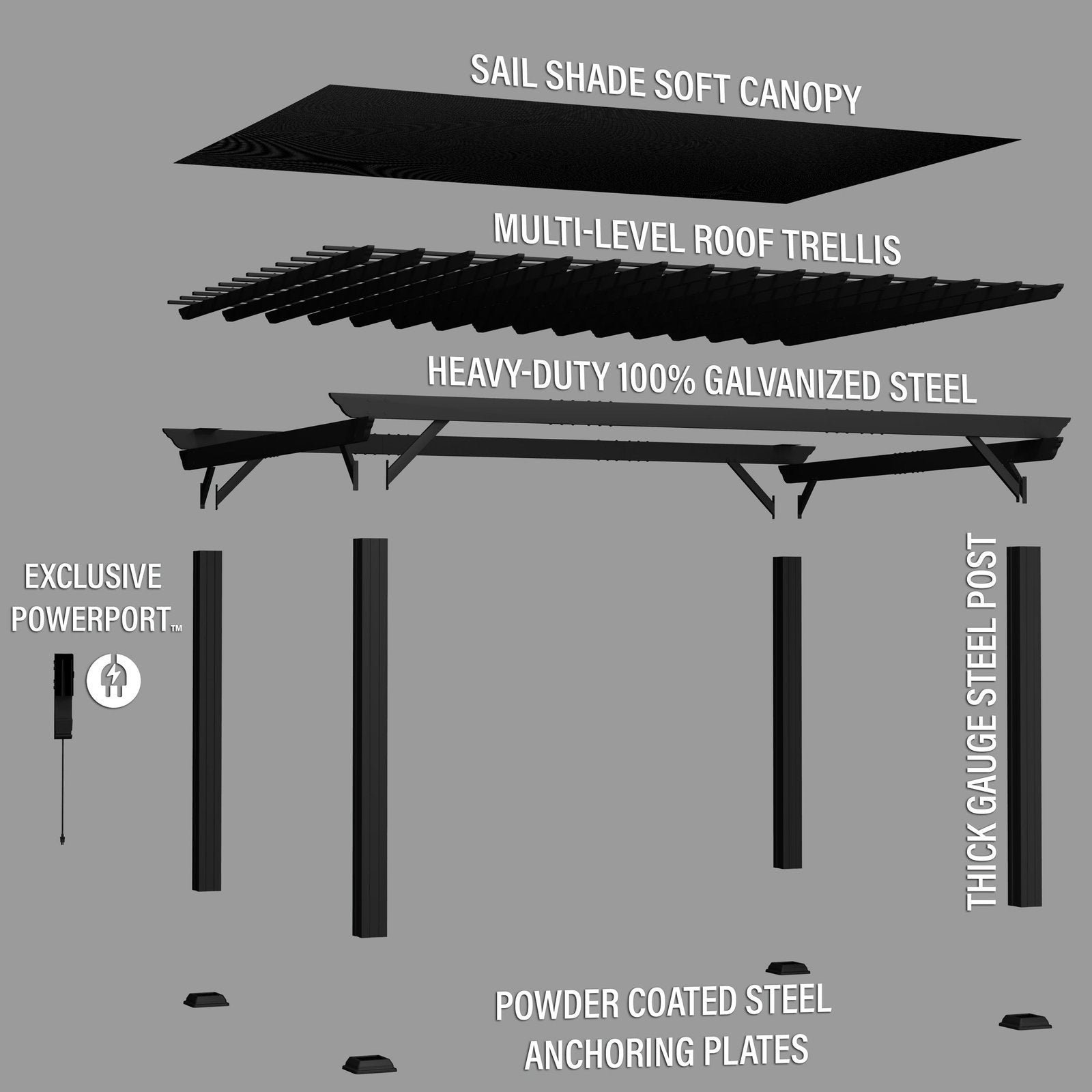 16×12 Stratford Traditional Steel Pergola with Sail Shade - Image 5