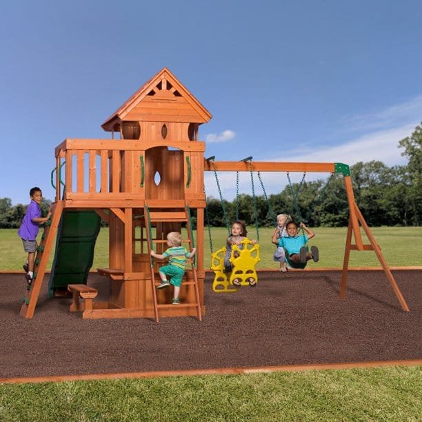 Backyard Discovery Monterey Cedar Wood Playset Swing Set with Double Story Clubhouse Wave Slide and Glider Swing - Image 4