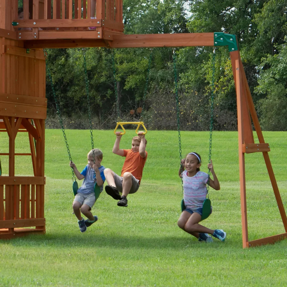 Backyard Discovery Skyfort II Cedar Wood Playset Swing Set with Raised Clubhouse Wave Slide Monkey Bars and Rock Climbing Wall - Image 3